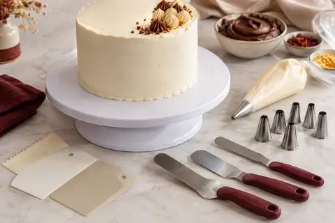 Plateau tournant blanc avec un gâteau glacé et les accessoires de décoration du kit disposés à côté