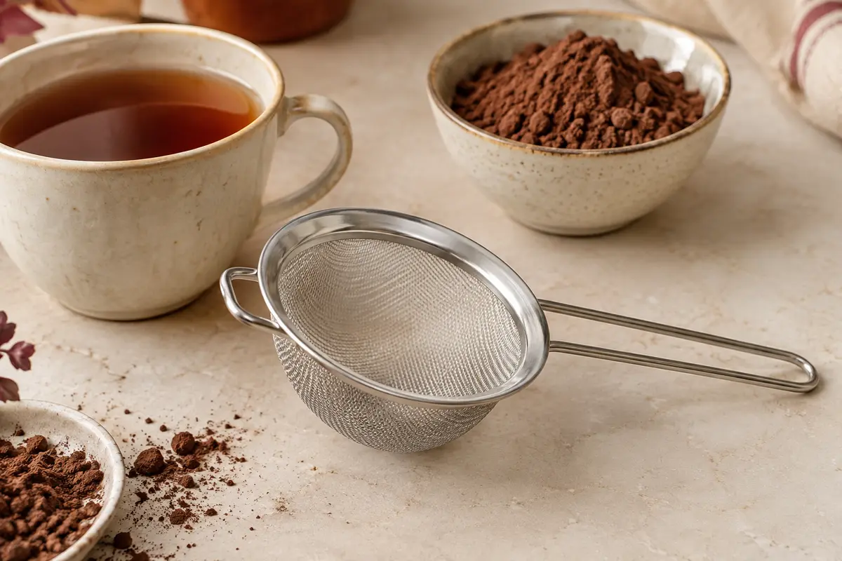 Petite passoire en inox à maille fine posée près d’une tasse de thé et d’un bol de cacao.