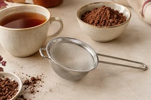 Petite passoire en inox à maille fine posée près d’une tasse de thé et d’un bol de cacao.