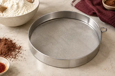 Tamis rond en inox à maille fine posé près d’un bol de farine sur un plan clair.