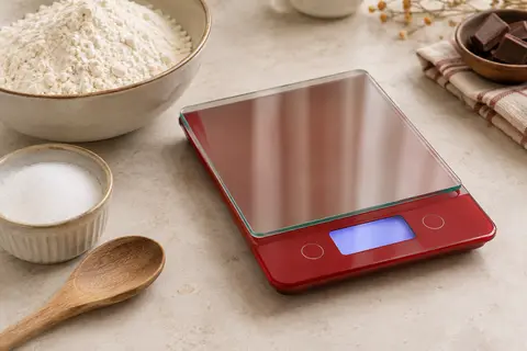 Balance de cuisine Tefal rouge à plateau en verre posée près d’un bol de farine sur un plan clair