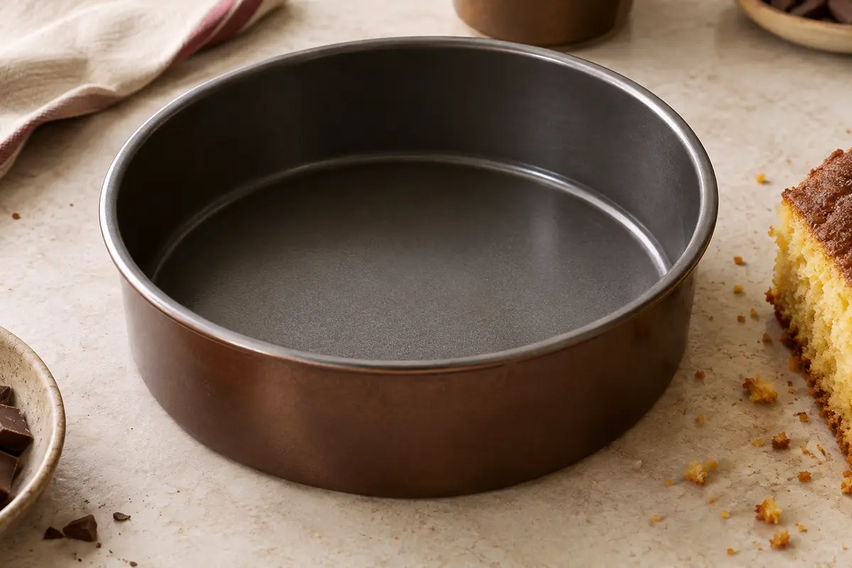 Moule à manqué rond brun en aluminium recyclé posé près d’un gâteau sur un plan clair