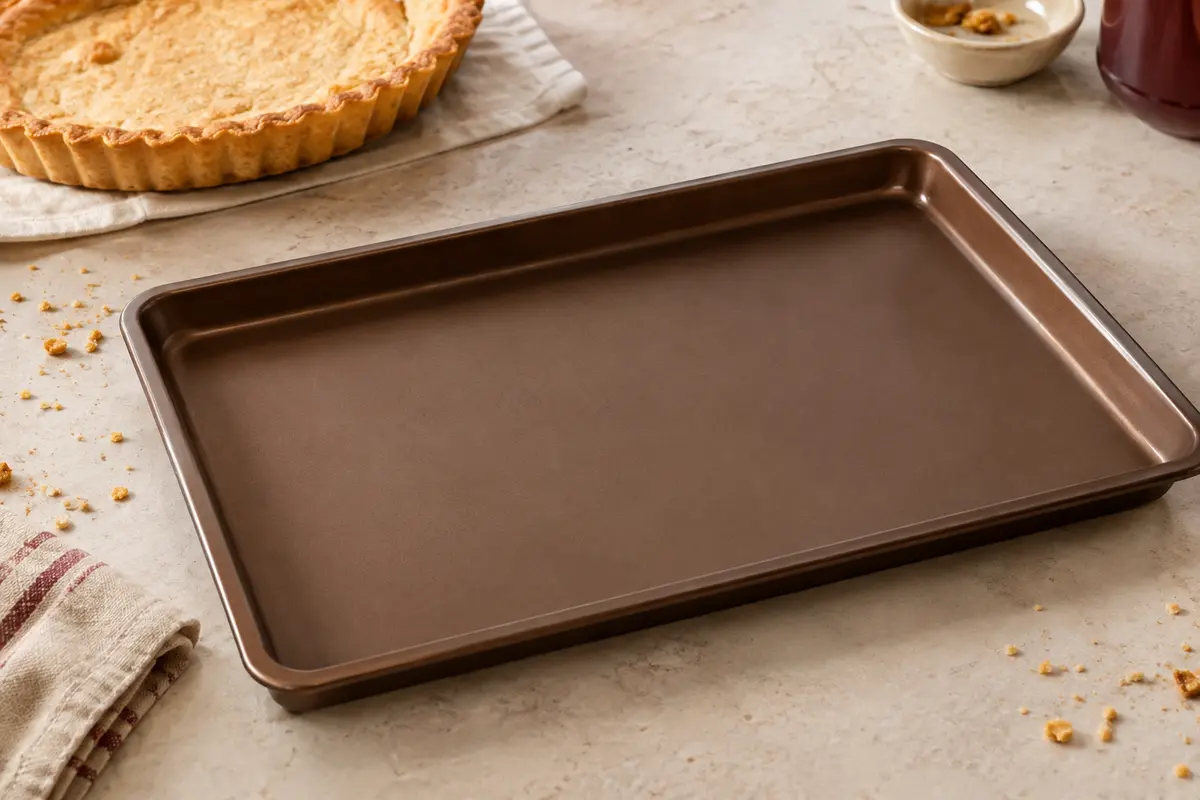 Plaque de cuisson rectangulaire brune Tefal posée sur un plan de travail clair près d’une tarte