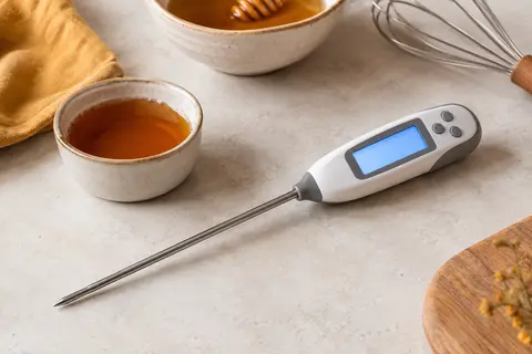 Thermomètre numérique blanc et gris à sonde inox posé près d’un récipient de sirop sur un plan clair.