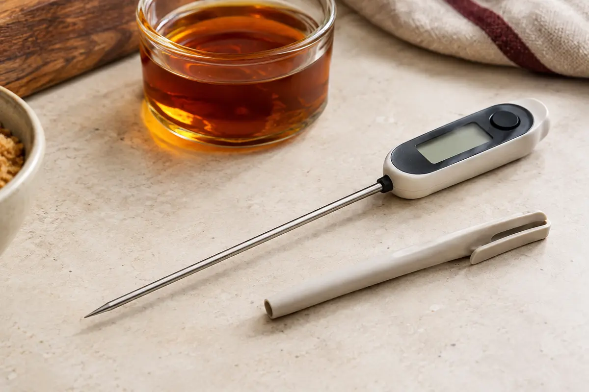 Thermomètre de cuisson à sonde inox près d’un récipient de sirop sur un plan de travail en pierre claire.