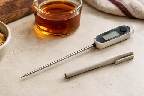 Thermomètre de cuisson à sonde inox près d’un récipient de sirop sur un plan de travail en pierre claire.