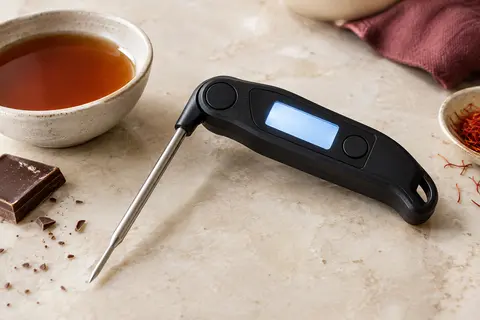 Thermomètre TempPro noir à sonde repliable posé près d’un bol de sirop et de chocolat