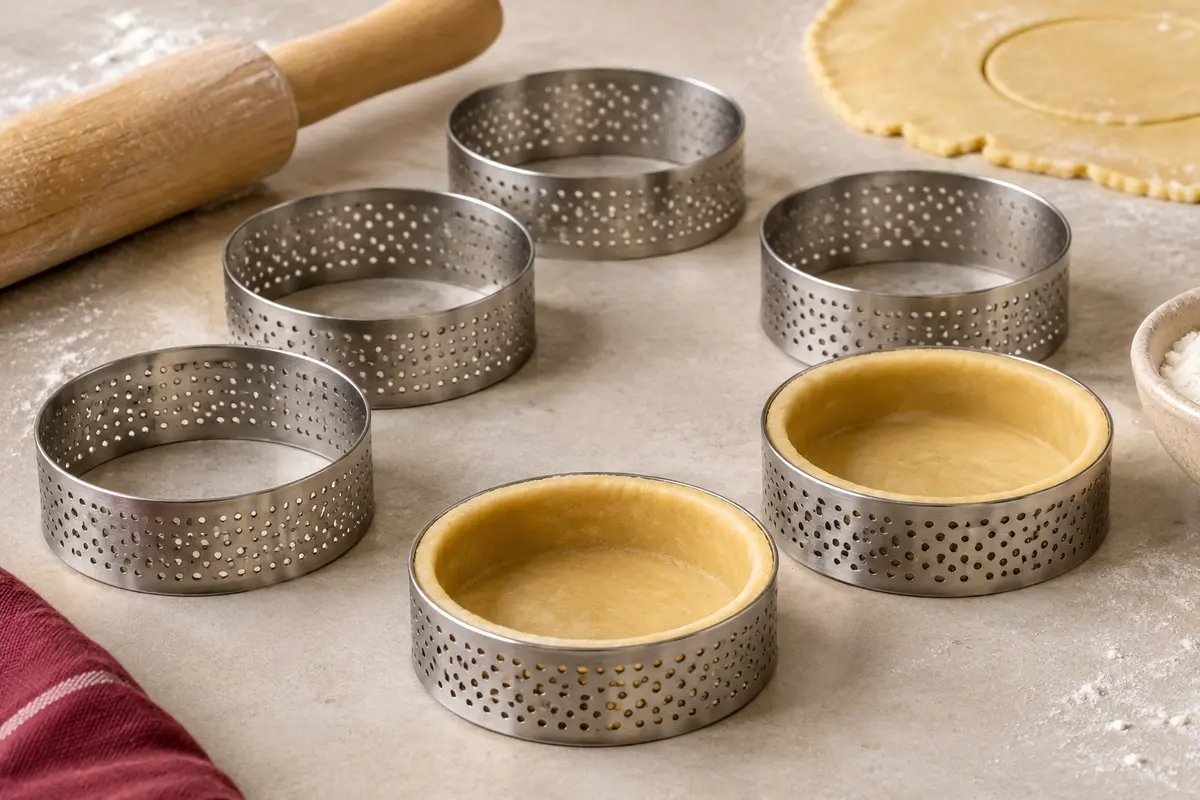 Six cercles à tartelettes perforés en acier inoxydable, disposés autour de fonds de pâte sur un plan clair.