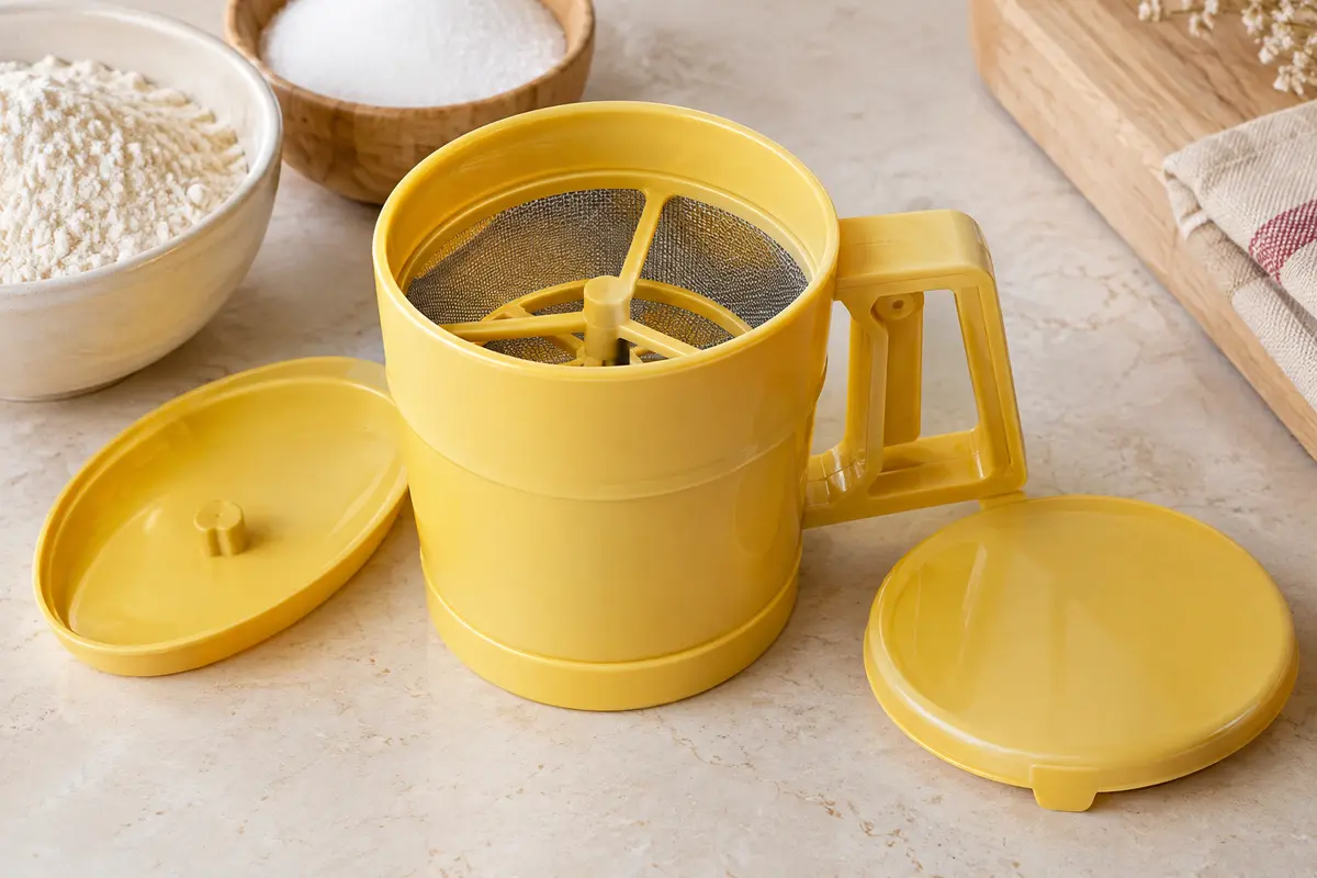 Tamis mécanique en plastique jaune avec ses deux couvercles, posé près de bols de farine et de sucre.