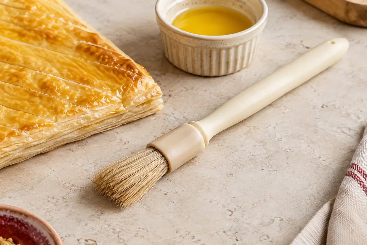 Pinceau à pâtisserie Thermohauser à poils naturels et manche ivoire posé près d’une pâte feuilletée