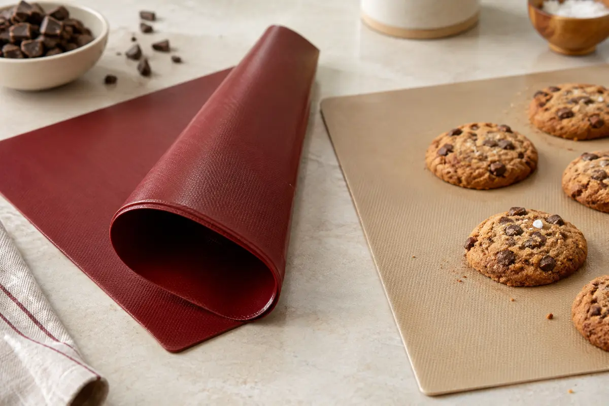 Deux tapis de cuisson en silicone rouge et beige posés sur un plan de travail en pierre claire, près de biscuits.