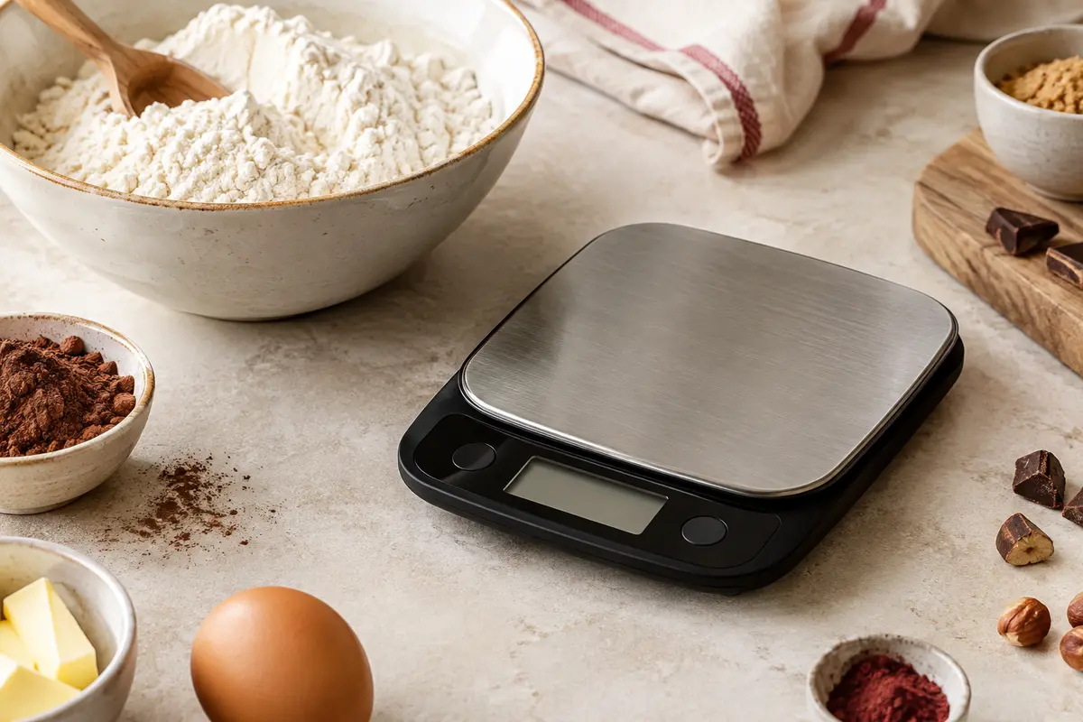 Balance de cuisine numérique noire avec plateau en acier inoxydable posée près d’un bol de farine.
