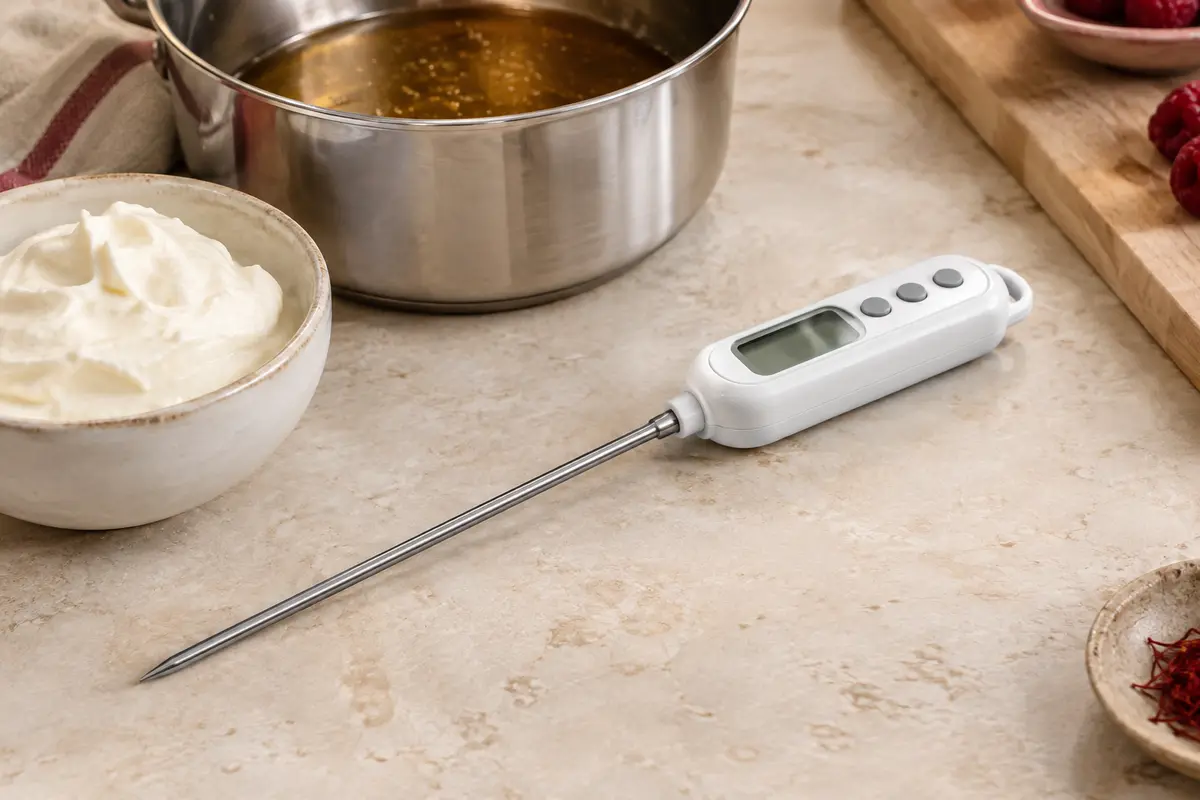 Thermomètre numérique blanc à sonde en acier inoxydable posé près d’un bol de crème pâtissière