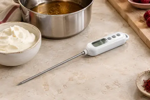 Thermomètre numérique blanc à sonde en acier inoxydable posé près d’un bol de crème pâtissière