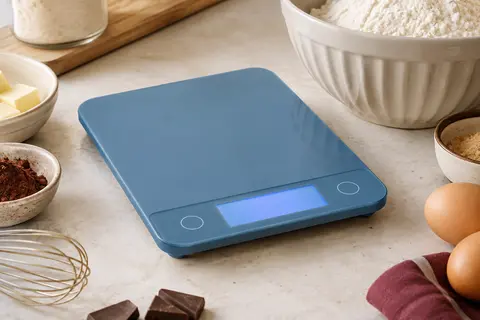 Balance de cuisine bleue à écran LED posée sur un plan de travail avec un bol de farine