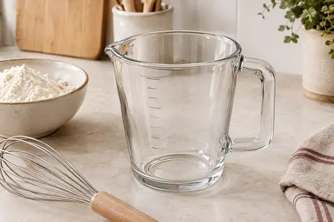 Gobelet doseur transparent Westmark en verre, avec poignée et repères de mesure, posé sur un plan de travail clair