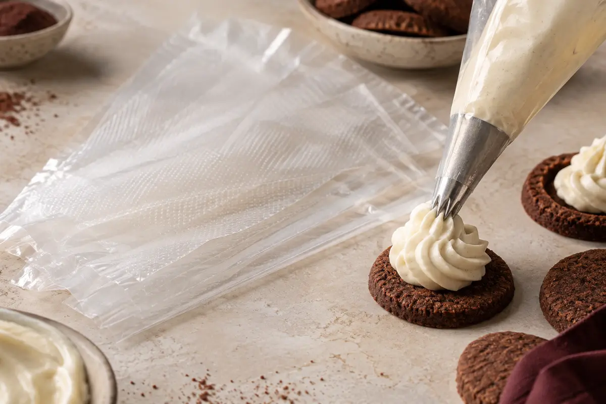 Poches à douille jetables transparentes et texturées posées près d’un biscuit décoré de crème
