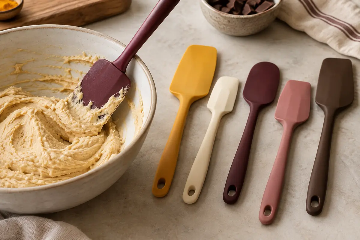 Lot de cinq spatules en silicone multicolore, de formes variées, près d’un bol de pâte sur un plan clair.