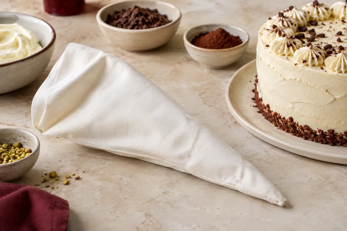 Poche à douille blanche en coton de 45 cm posée près d’un gâteau décoré sur un plan de travail clair.