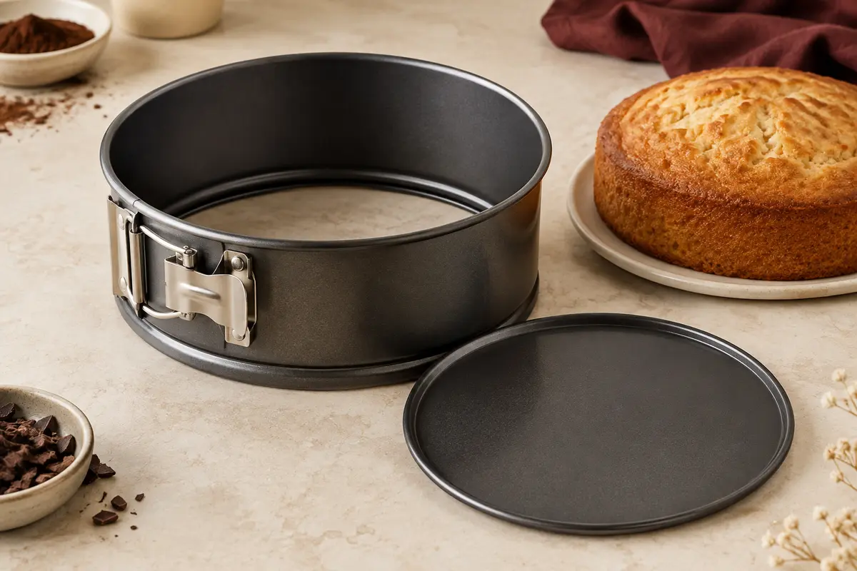 Moule à manqué rond à charnière de 20 cm en acier sombre, avec fond amovible et petit gâteau doré