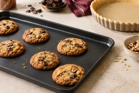 Plaque de cuisson Zenker en métal noir avec des biscuits dorés, posée sur un plan de travail clair