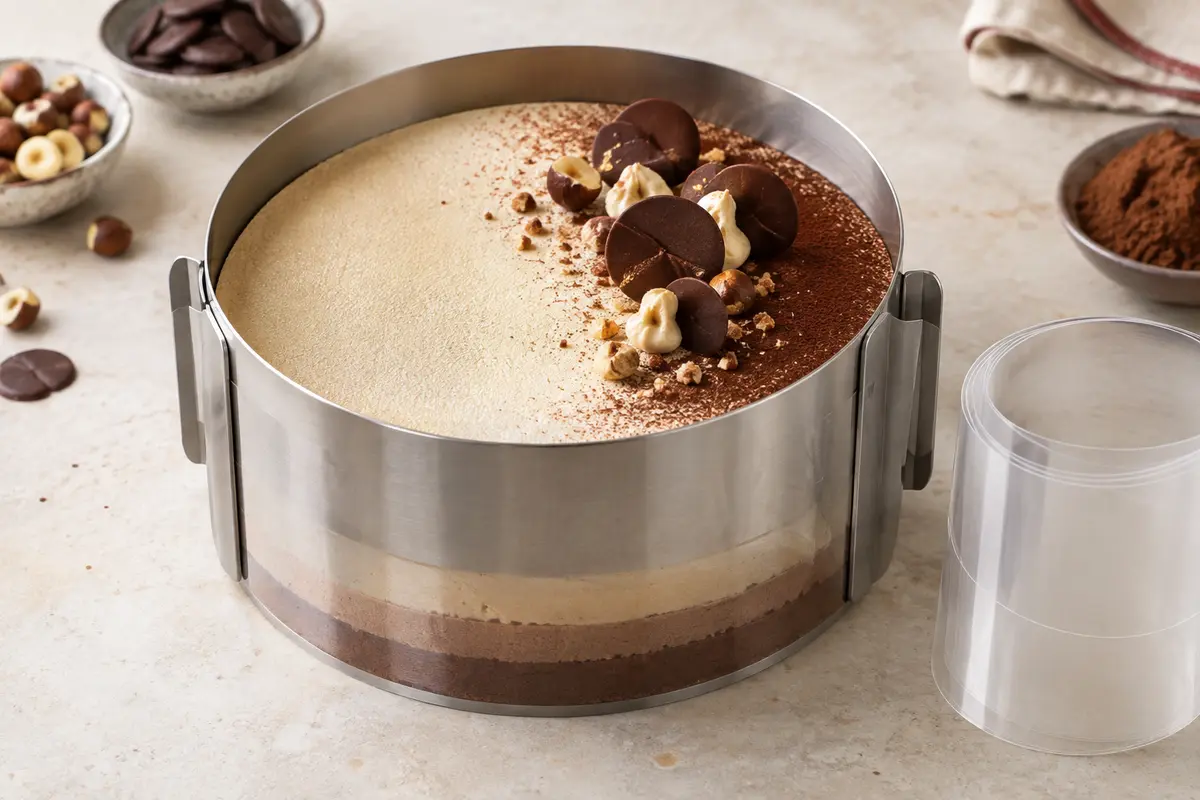 Cercle à pâtisserie réglable en inox avec son rouleau de collier transparent, posé près d’un entremets.