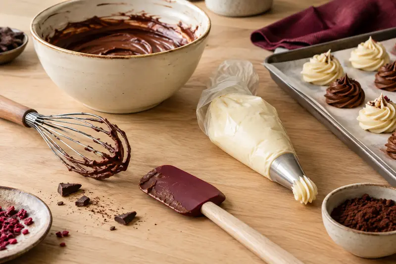 Fouet, spatule et poche à pâtisserie réunis autour d’une préparation