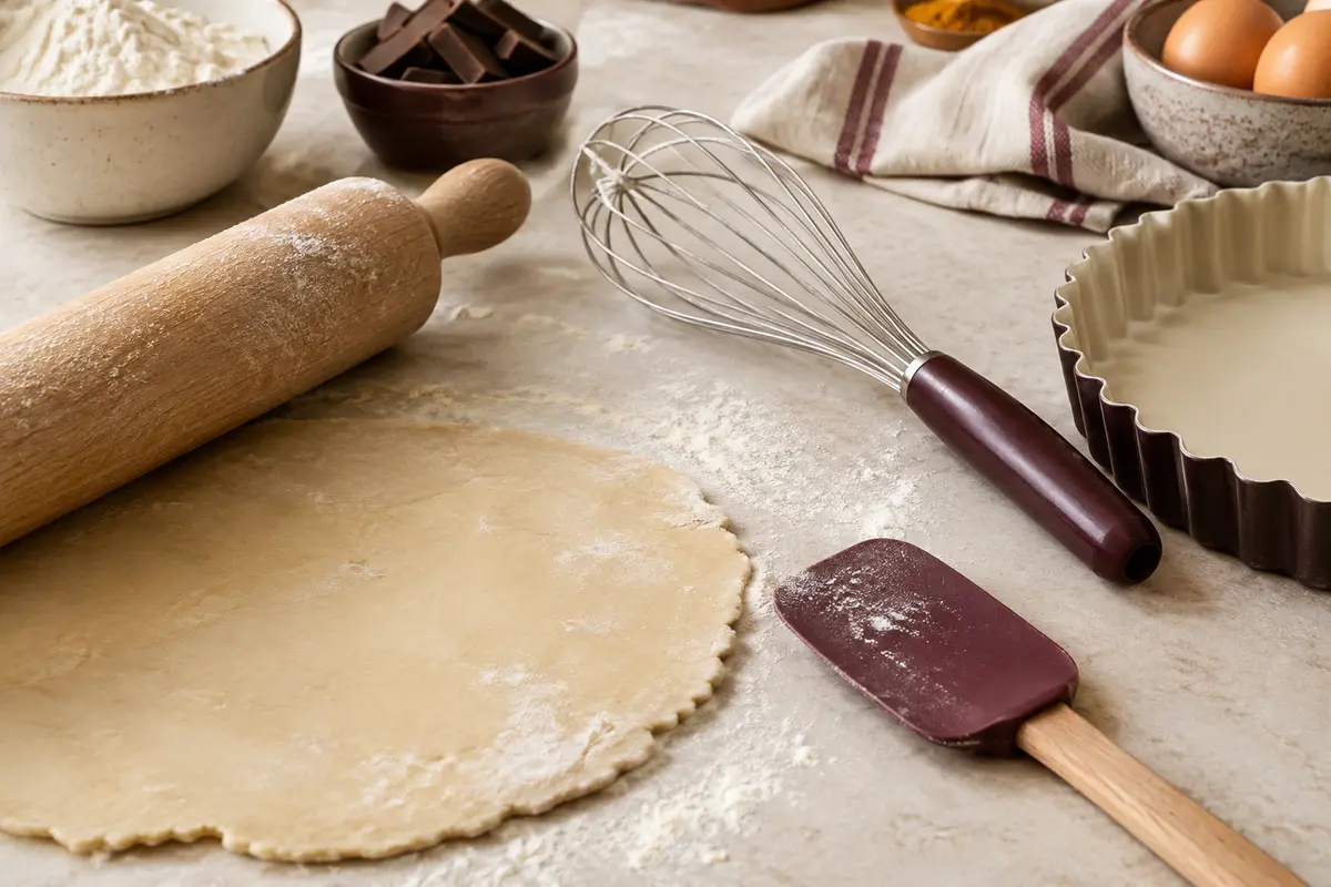 Ustensiles de pâtisserie disposés autour d’une pâte sur un plan de travail clair